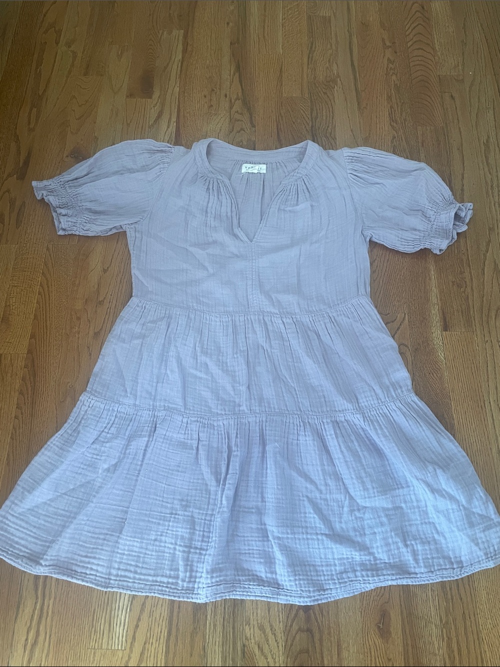 Anthropologie Lavender Tiered Gauze Dress with Puff Sleeves